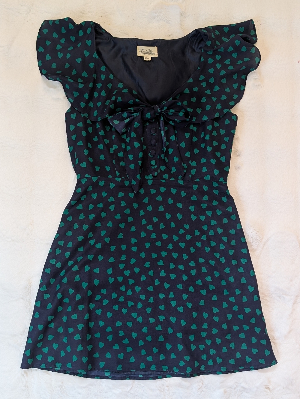 Y2K Forever 21 Navy Mini Dress with Teal Heart Print and Bow